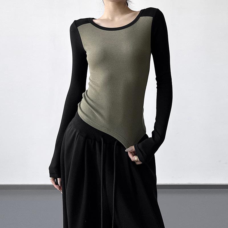 T-shirt à Manches Longues Color-Block Coupe Ajustée pour Femme - Design Élégant Hiver 2025 pour Porter Seul ou en Couche
