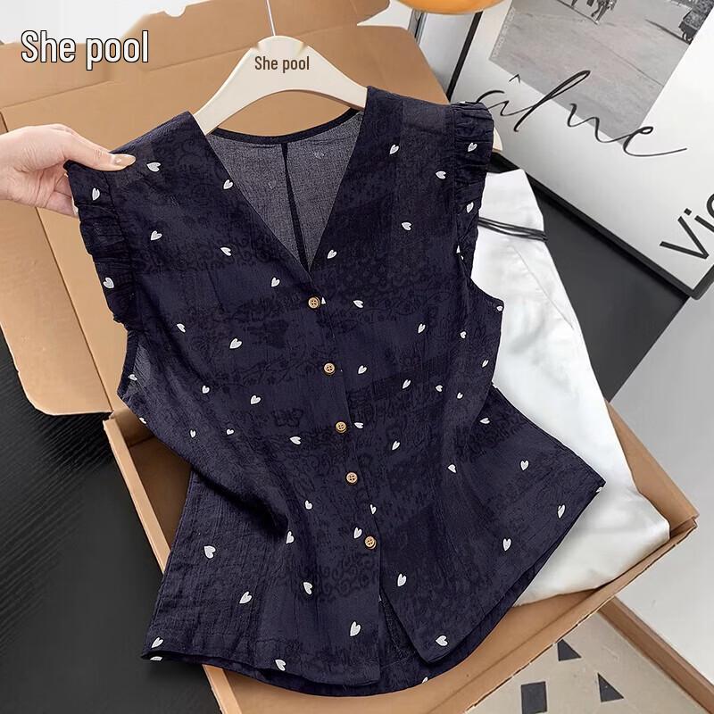 French Style Heart Embroidered V-Neck Flutter Sleeve Blouse One Size