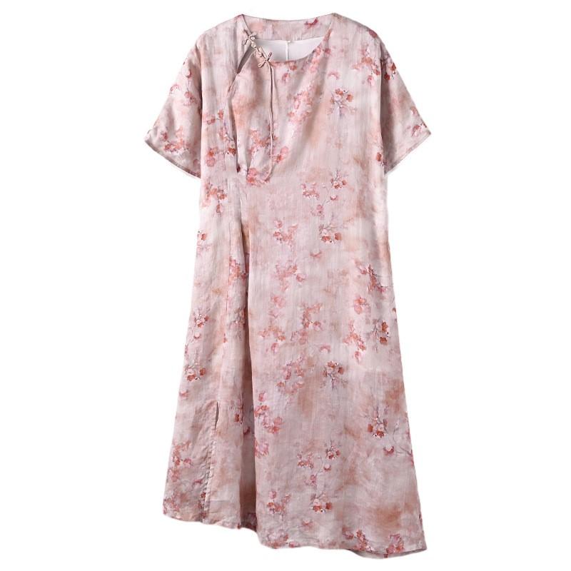 Johnature Women Chinese Style Dresses O-Neck Half Sleeve Print Floral Summer A-Line Dress