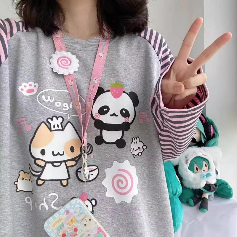 2KWEIRD Y2k Harajuku Kawaii Striped Hoodie Women Japanese Fashion Patchwork Cartoon Print Sweatshirt