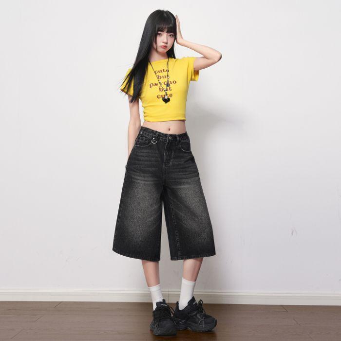 Fashion Black Gray Vintage Distressed High Waist Wide Leg Cropped Capri Denim Pants For Women Trendy Versatile Slimming FigureFlattering Casual Wear