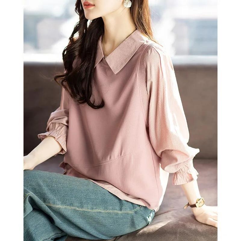 

Two Piece Look Long Sleeve Color Block Hoodie Spring Autumn New Style Loose Pullover Fashion Versatile Design Women s Top S розовый