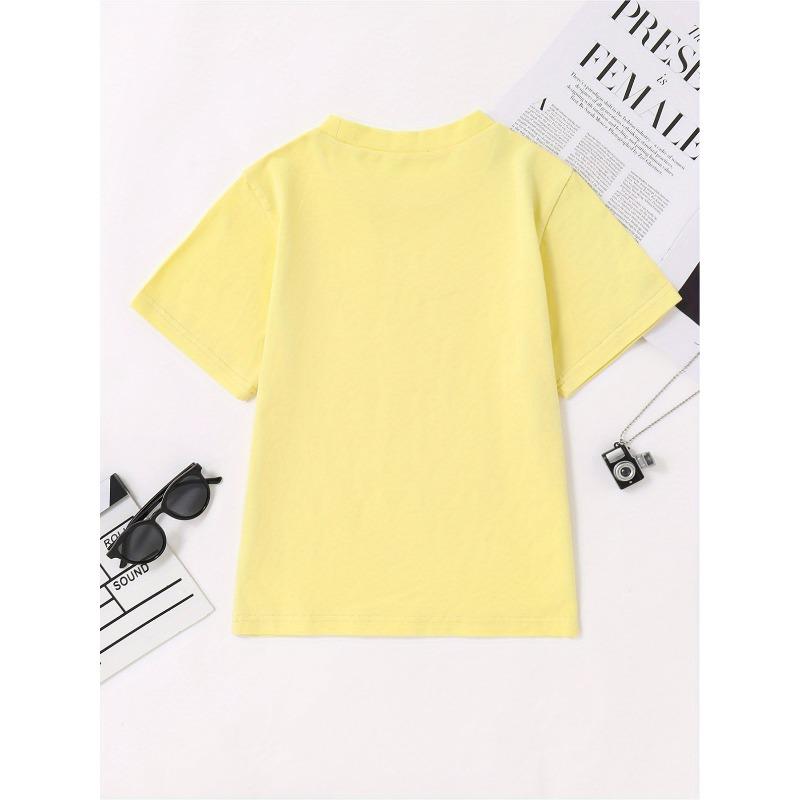 European sizes Kids' Cartoon Print Cotton T-Shirt - Crew Neck, Short Sleeve, Stretchy & Breathable for Sports and Play