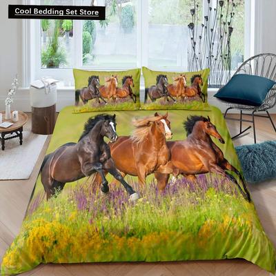 Horse King Queen Bedding Set 3D Galloping Horse Duvet Cover Animal Spring Wildflower Quilt Cover Green Polyester Comforter Cover