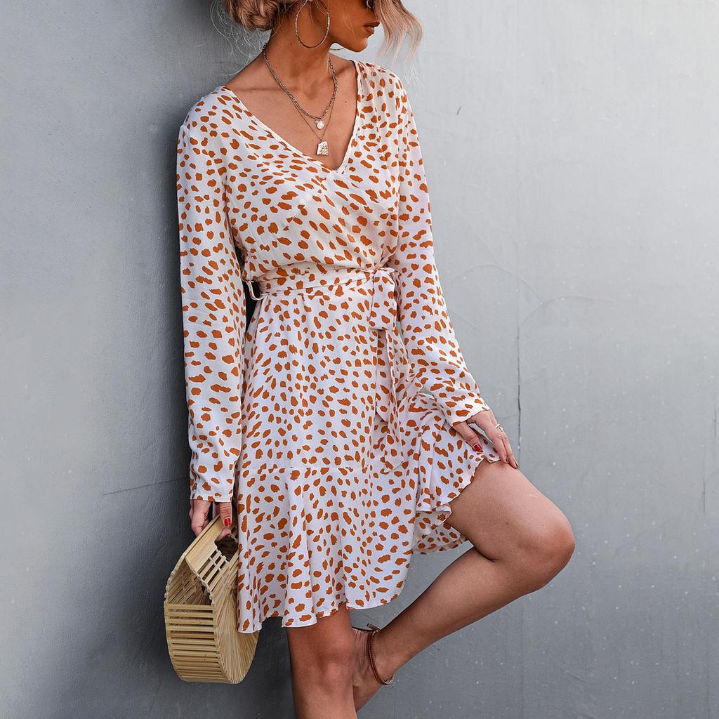 Women's Boho Polka Dot Print V-Neck Long Sleeve Dress