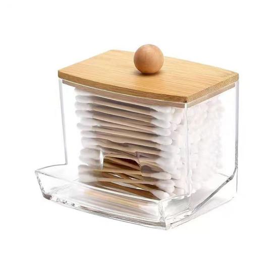 Storage Box with Bamboo Lid Dustproof Moisture Resistant Clear Acrylic Container Cotton Swabs Dental Floss Jewelry Organizer