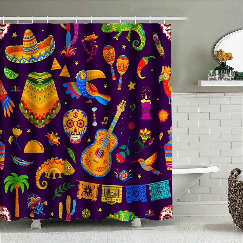 Vibrant Colorful Mexican Theme Shower Curtain For Bathroom Decor Perfect Gift Idea