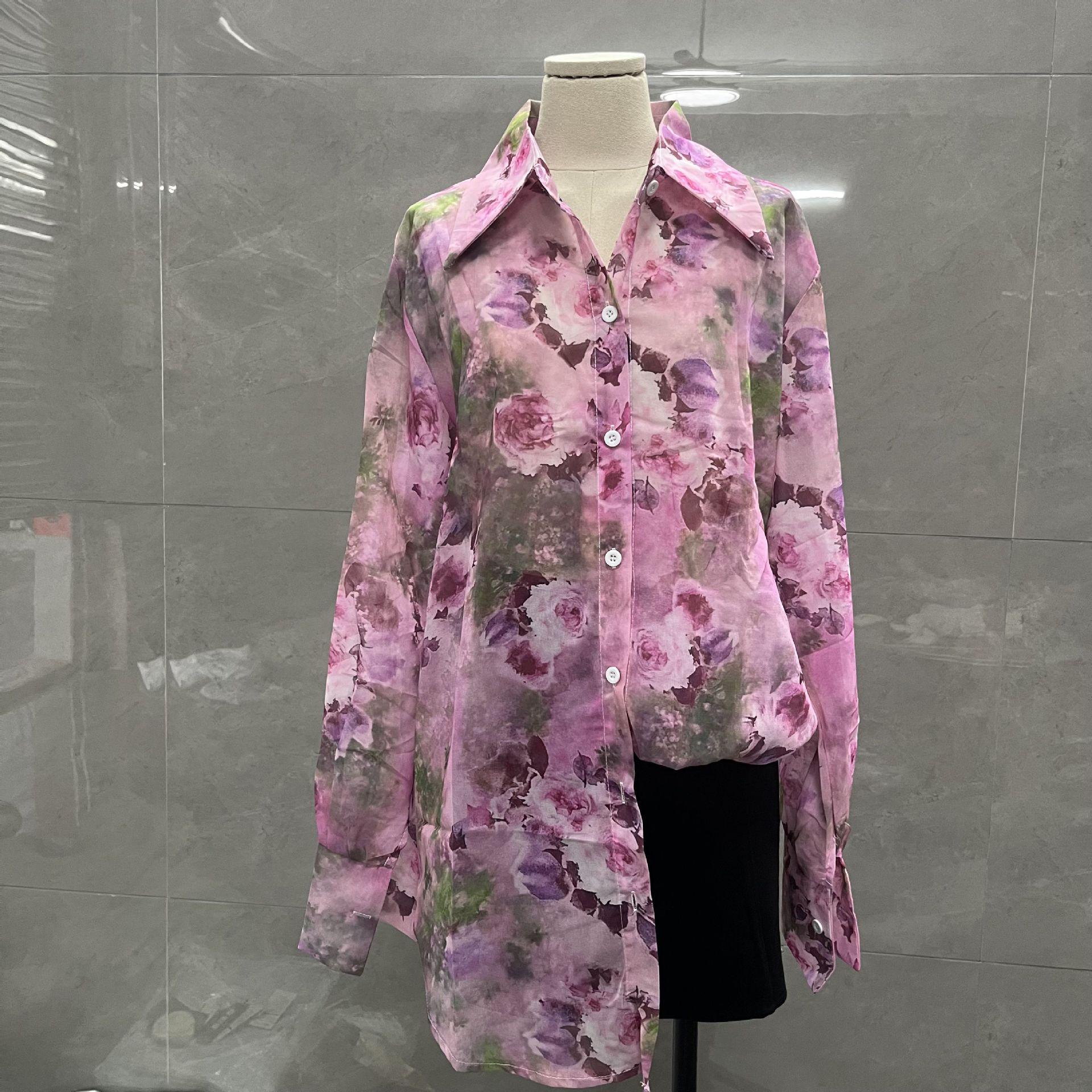 

Женская рубашка с длинным рукавом, воротником поло на пуговицах «роза» и принтом - Топ в стиле светской львицы для защиты от солнца S (95 lbs recommended)