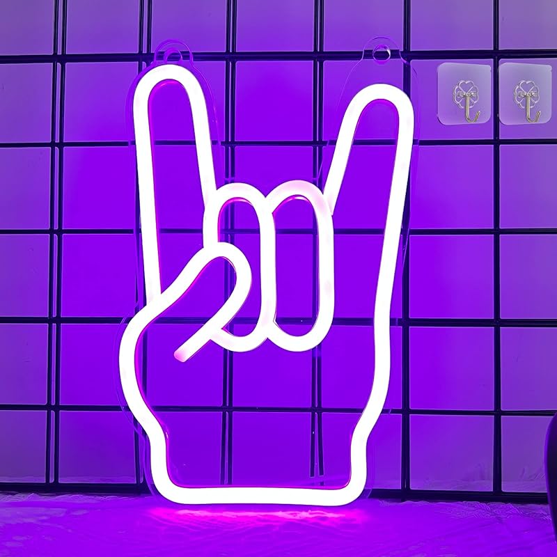 Attivolife Rock Hand Shaped Neon Light, Gamer Wall Decor LED Purple Neon Signs, USB Powered for Bar Christmas Birthday Home Party Gifts