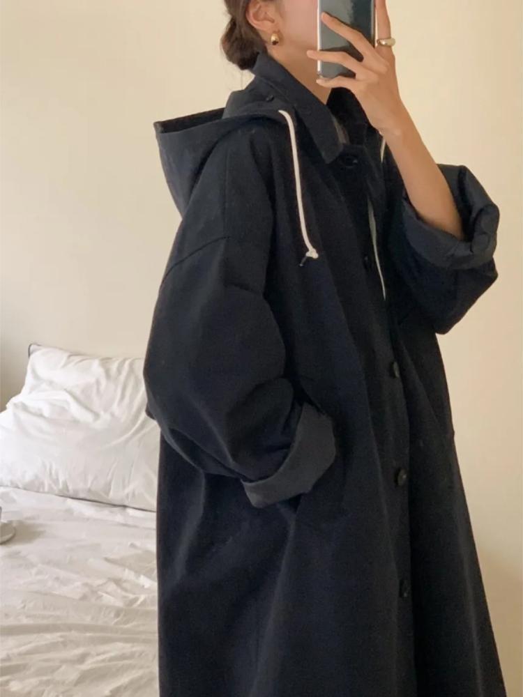 Korean Vintage Fashion Overcoat Loose Fit Single Breasted Long Coat with Detachable Hood Autumn Winter Women Outerwear Retro Long Sleeve New