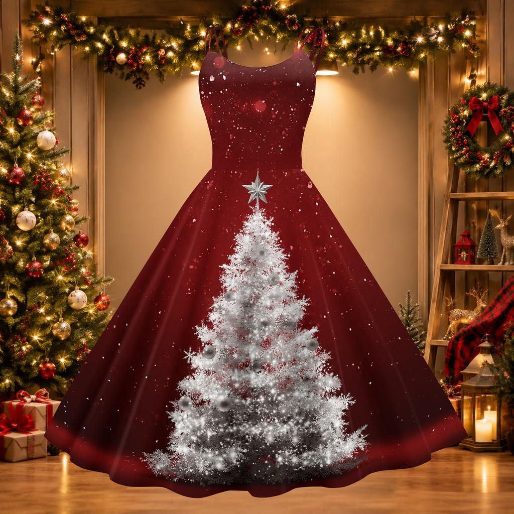Women's Christmas Print Off-Shoulder Vintage Dress
