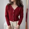Early autumn short twist design jacket women's small V-neck single-breasted solid color knitted long-sleeved cardigan