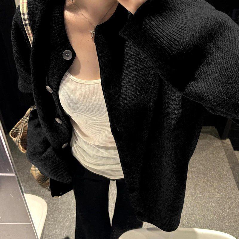 

Женский черный кардиган крупной вязки с круглым вырезом - Свободный крой, Повседневный стиль для весны, осени и зимы. S (suggested weight: 85-100 jin)