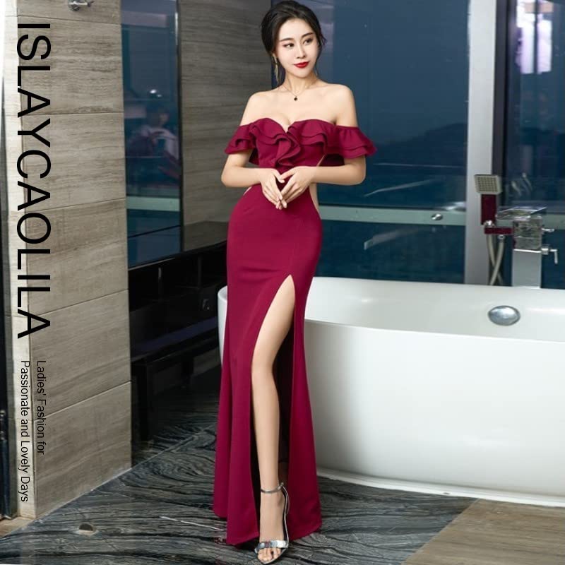 ISLAYCAOLILA DT2 Mariel Dress Wine Cabaret Mini Club Party Flared Long Slit Strapless Tight Maxi Dress Women's (Size M, Red) - Dress, Dress, Dress,