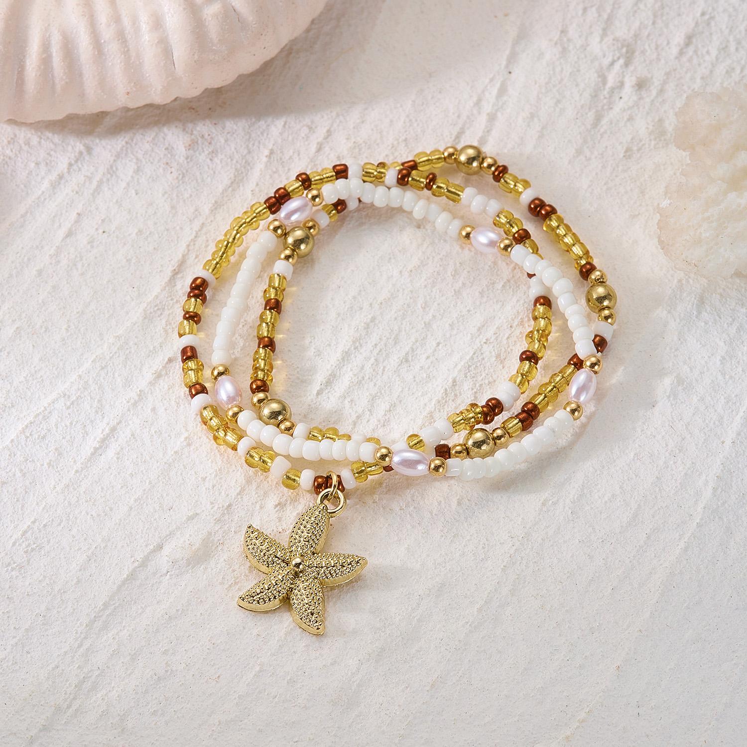 

3Pcs/Set Minimalist Starfish Beaded Bracelets for Women Fashion Imitation Pearl Stackable Chain Bracelet Vacation Jewelry Gift