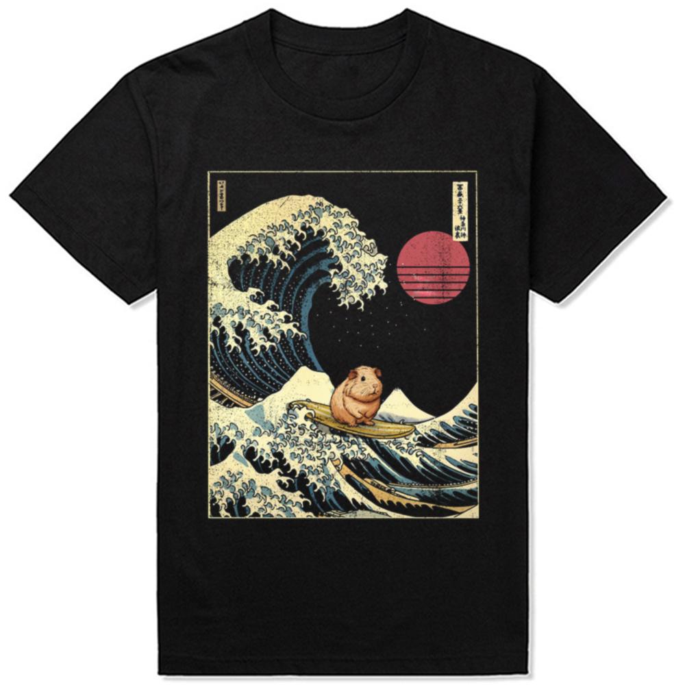 Funny Guinea Pig Kanagawa Japanese Surfing Wave T Shirts Cotton Humor Streetwear Tee Shirt Short Sleeve Unisex Loose Clothing