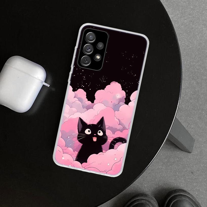 Anime Cute Black Cat Meow Phone Case for Samsung Galaxy A17 A16 A26 A36 A56 A57 A37 A15 A25 A35 A55 A14 A24 A34 A54 A13 A23 A33