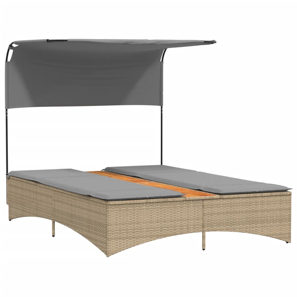 Double Sun Lounger with Canopy and Cushions Beige Poly Rattan