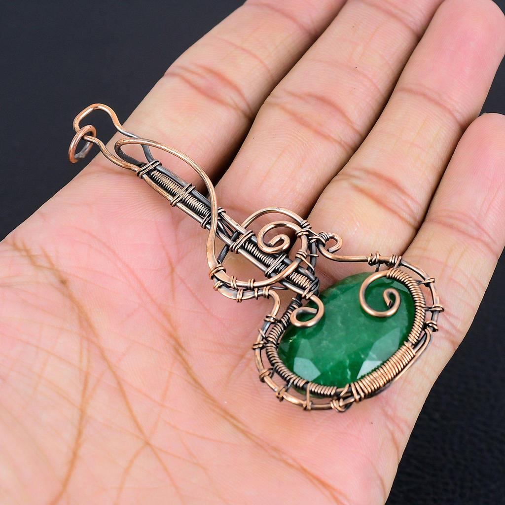 Emerald Pendant, 999 Copper Wire Wrapped Pendant Gemstone Jewelry, Handmade Pendant Amazing Jewelry, Gift For Her