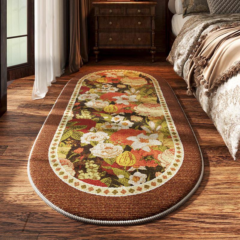 

Bedroom Bedside Carpet Non-slip Soft Comfortable Floor Mat American Retro Flower Pattern Rug Oval Long Home Decoration Mats 80x240cm