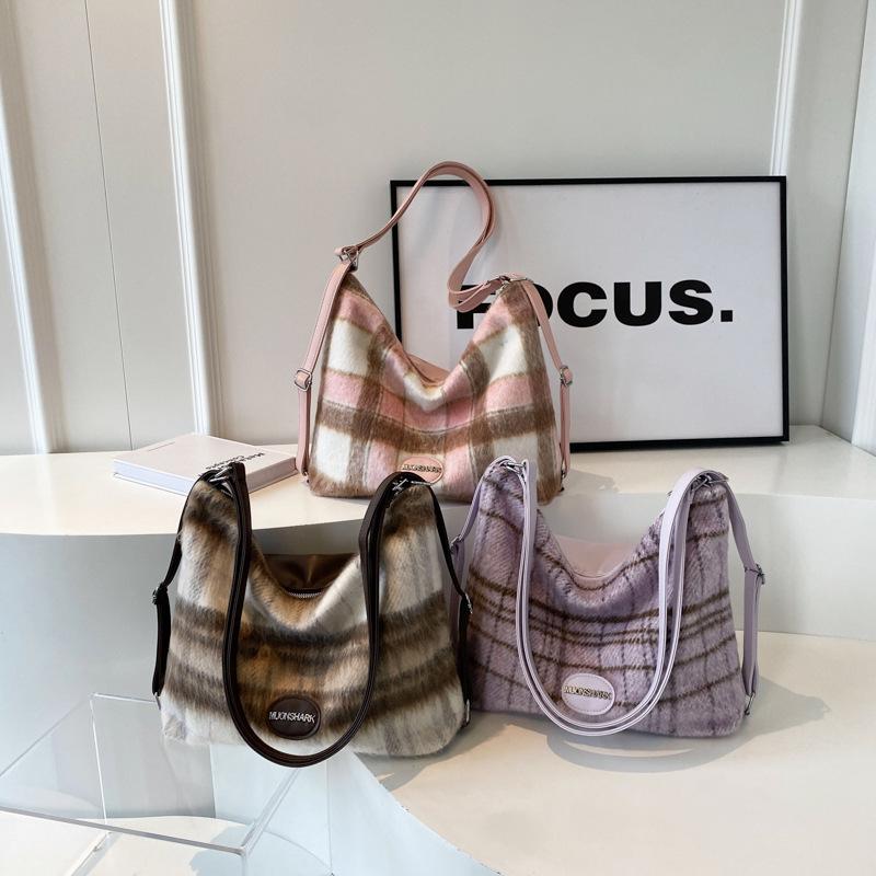 Woolen Plaid Large Bag Women's 2024 New Spring Maillard Shoulder Tote Bag Multi-purpose Large-capacity Backpack
