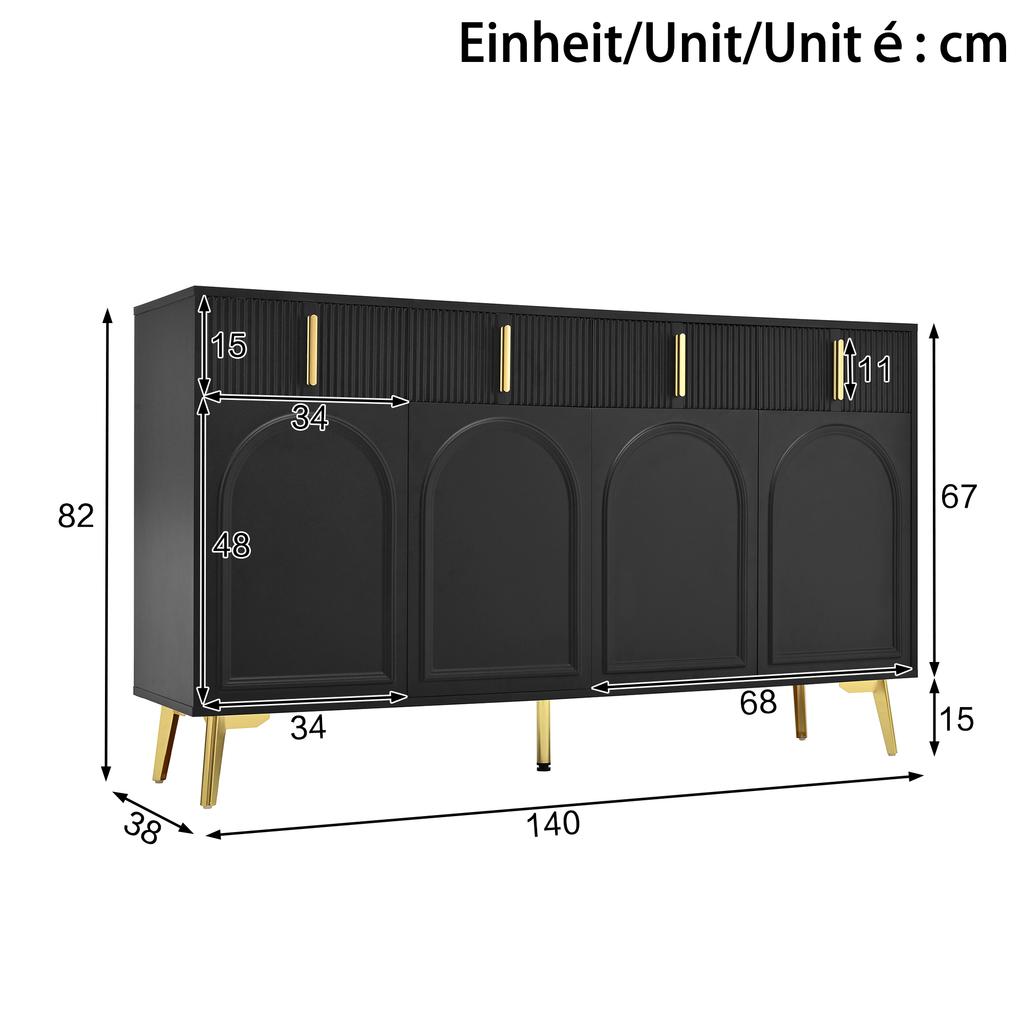 Sideboard mit goldenen Griffen und Beinen, 4 Türen, 4 Schubladen, mit abnehmbarer Laminatplatte, geeignet für Wohn- und Esszimmer, 140*38*82 cm.