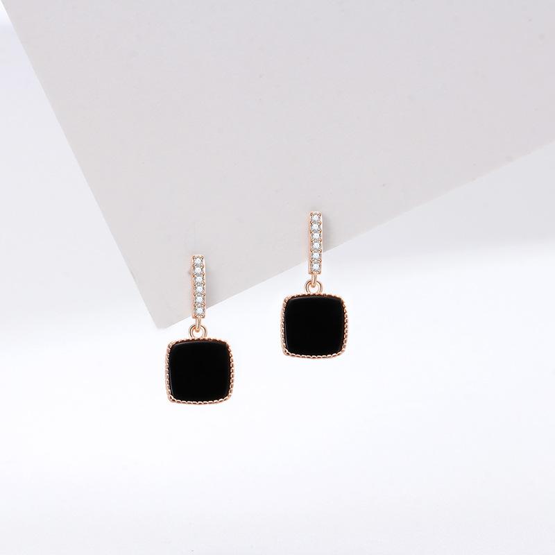 Simple Square Black Agate Stud Earrings Female Korean Version Personalized Fashion Versatile Earrings Ins Cold Wind Earrings