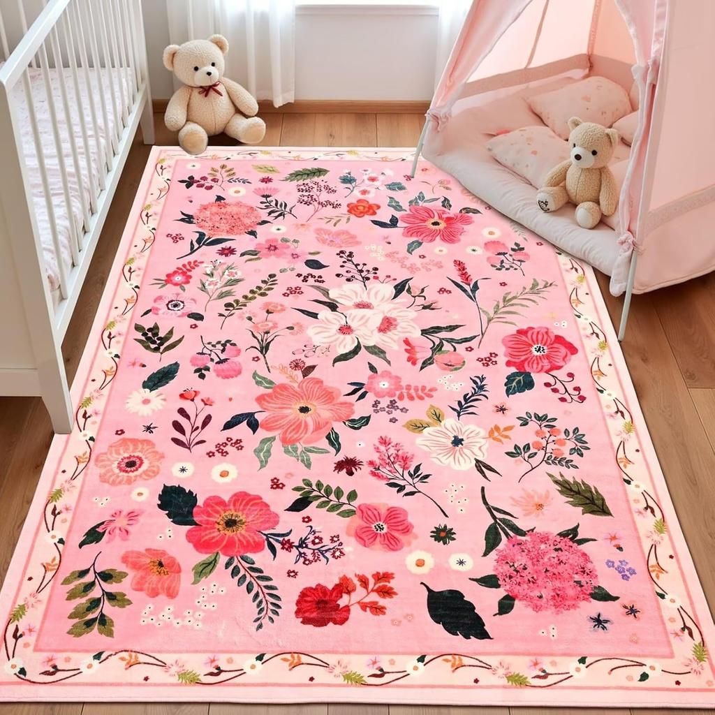 Tappeto Floreale Rosa Fiori Stampati Lavabile Piccoli Tappeti con Supporto per Decorazione Camera da Letto Bambina Area Giochi Bambini Tappetino Antiscivolo