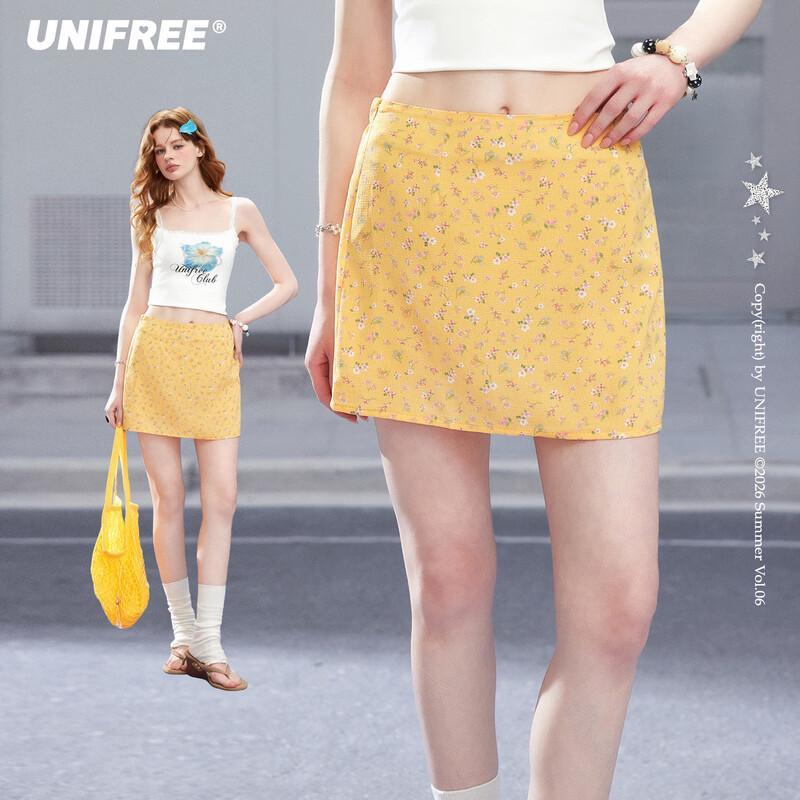 UNIFREE Floral Print High-Waist A-Line Skirt L