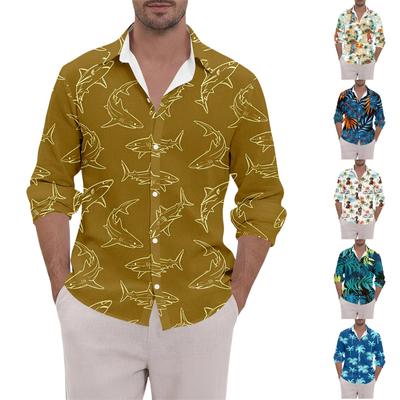 Men's Loose Fit Long Sleeve Beach Shirt Button Down Casual Lightweight Breathable Fabric Tropical Print Shirt for Summer Vacation