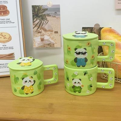 Panda Mug Family of Three Water Cup with Lid Cute Ceramic Cup for Women with High Pretty Household Coffee Breakfast Cup