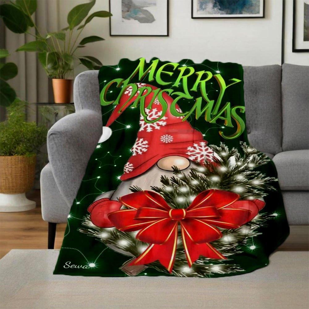 "Merry Christmas Gnome with Red Bow Decoration"Blanket Flannel Throw Blanket for Sofa, Bed, Travel, Camping, Office