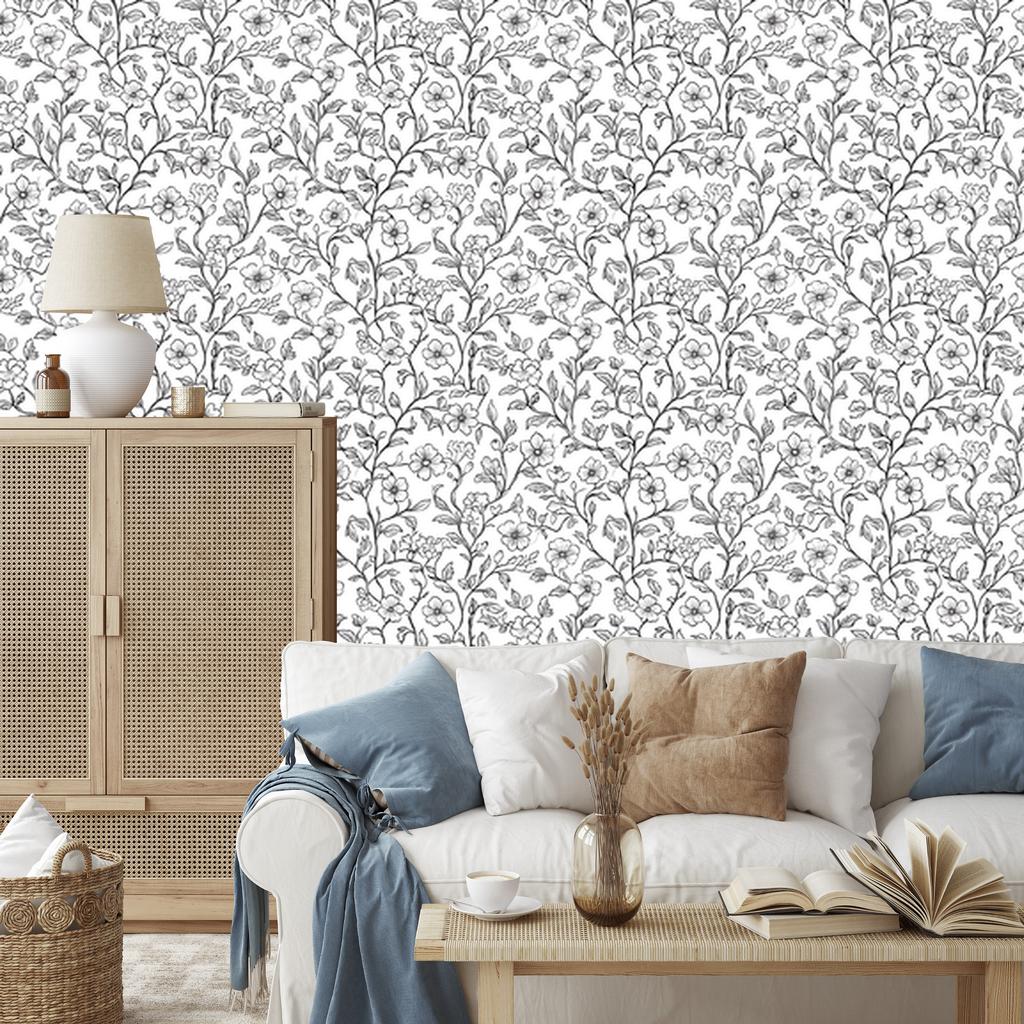 Wallpaper Black and White Flowers Light Gray and White 50x1000