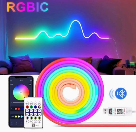 TUYA Neon LED Strip Lights 12-24V 84LEDs/M Silicone Neon Rope Light with Music Sync RGBIC Dreamcolor Chasing Strip Tape for Room