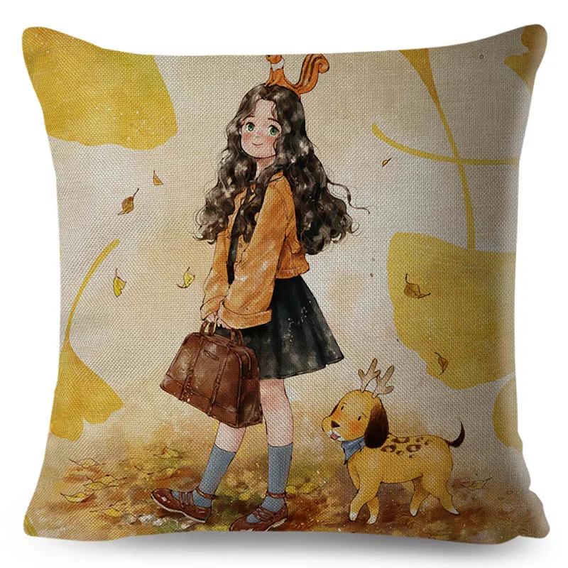 Colorful Cute Cartoon Girl and Pet Dog Fairy Tale World Pillowcase Decor for Sofa Home Pillow Case Polyester Cushion Cover