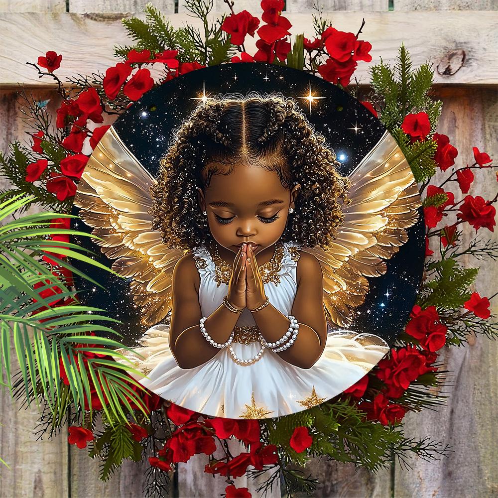 Złote Skrzydła Czarny Anioł Drewniany Znak - Anioł Okrągły Znak do Dekoracji Wiszącej na Ścianie Drzwi Wejściowych - Idealna Dekoracja Wisząca do Domu