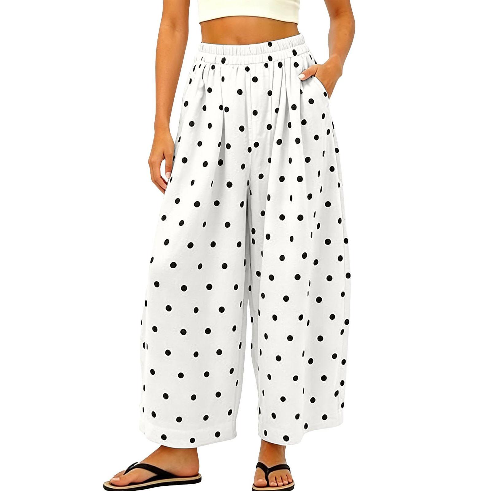 

Women Casual Wide Leg Pants Polka Dot Print Elastic Waistband Loose Fit Long Trousers with Pockets Comfortable Soft Fabric S зелёный