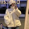 Women's Stand Collar Long Sleeve Jacket Oversized Fit Fleece Lined Sherpa Coat Letter Print Zip Up Warm Winter Outerwear