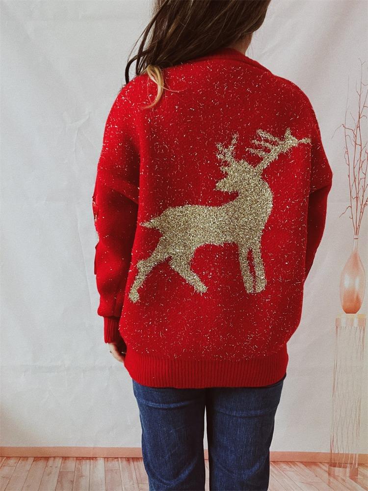 New Autumn/winter Christmas Sweater Women's Ribbon Gold Thread Jacquard Deer Round Neck Thick Knit Pullover