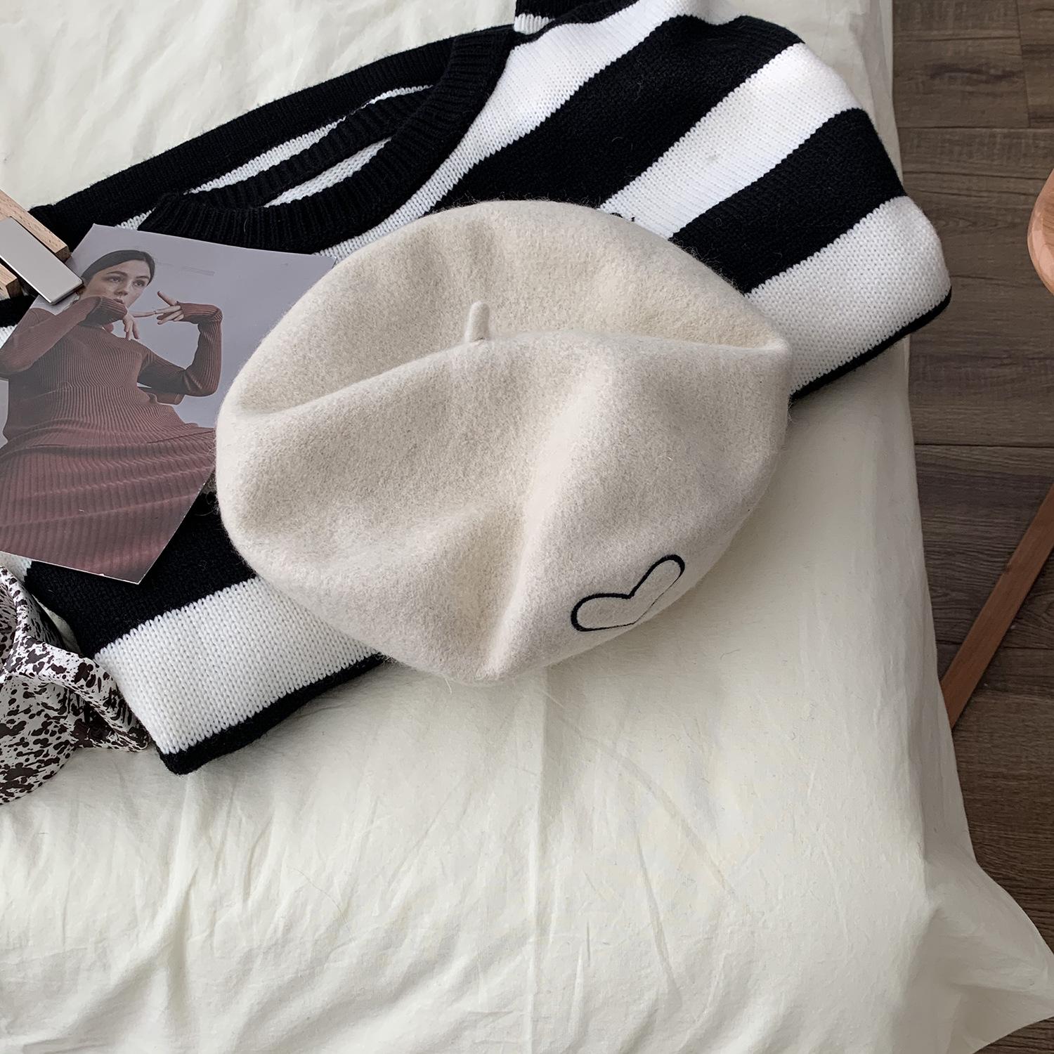 

Трендовый черный шерстяной берет для женщин с привлекательным узором в виде сердца, идеально подходящий для осени Pearl White