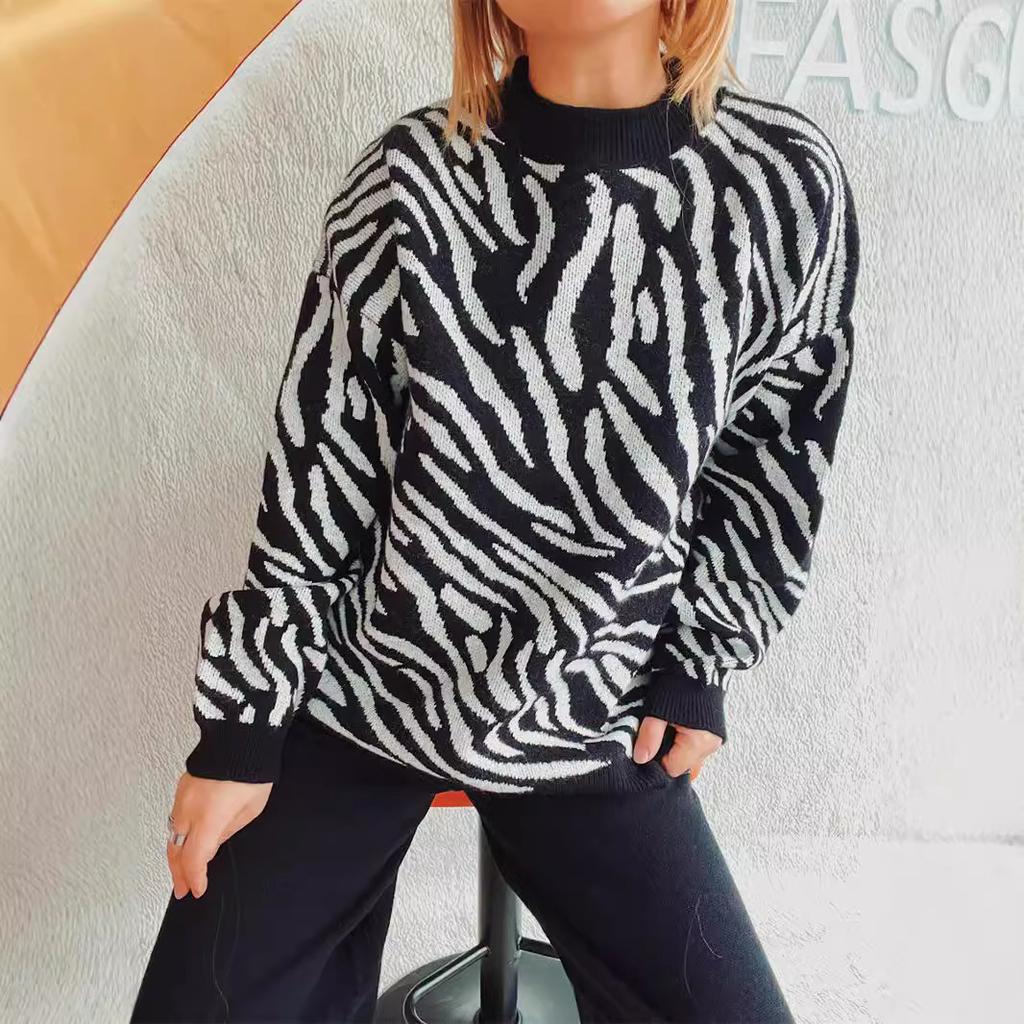 Women's new autumn and winter commuting knitted zebra print contrasting pullover sweater KTB