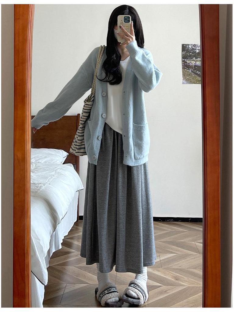 Deep Gray Early Autumn A-Line High-Waisted Skirt: Women's Casual Draping Slimming Skirt