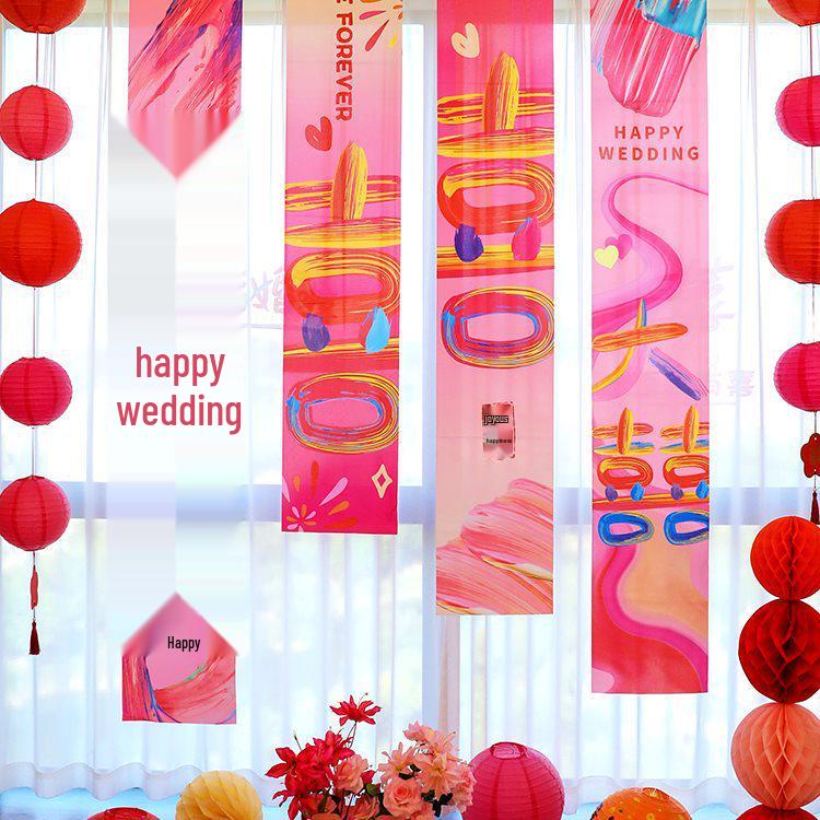 Double Happiness Wedding Decoration Set: Hanging Cloth Banner, Bedroom Curtains, and Pull Flowers
