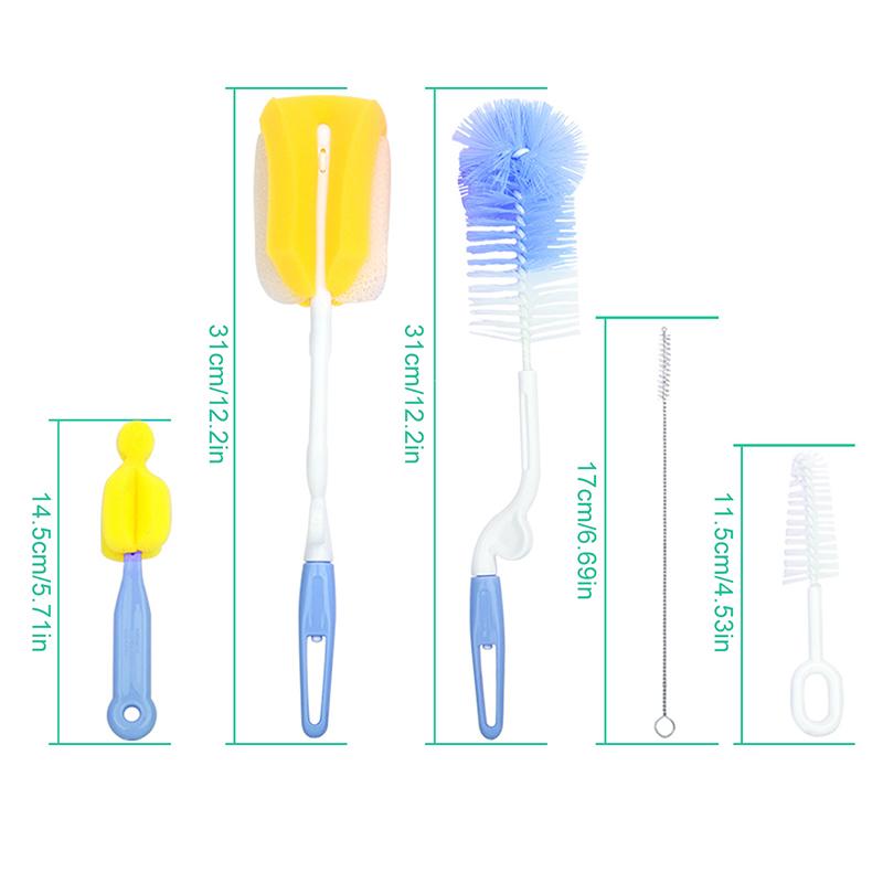 5Pcs Baby Bottle Brush Set Infant Nipple 360-Degree Rotating Clean Sponge Spout Cup Pacifier Straw Brush Kit Bottle Clean Tools
