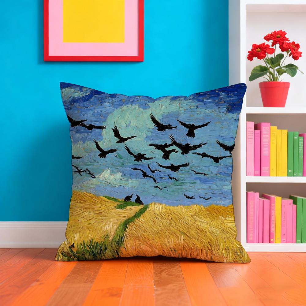 Van Gogh Oil Painting Cushion Cover Plush Fabric Soft Double-Sided Printed Sofa Warm Winter Home Gift Cushion Cover