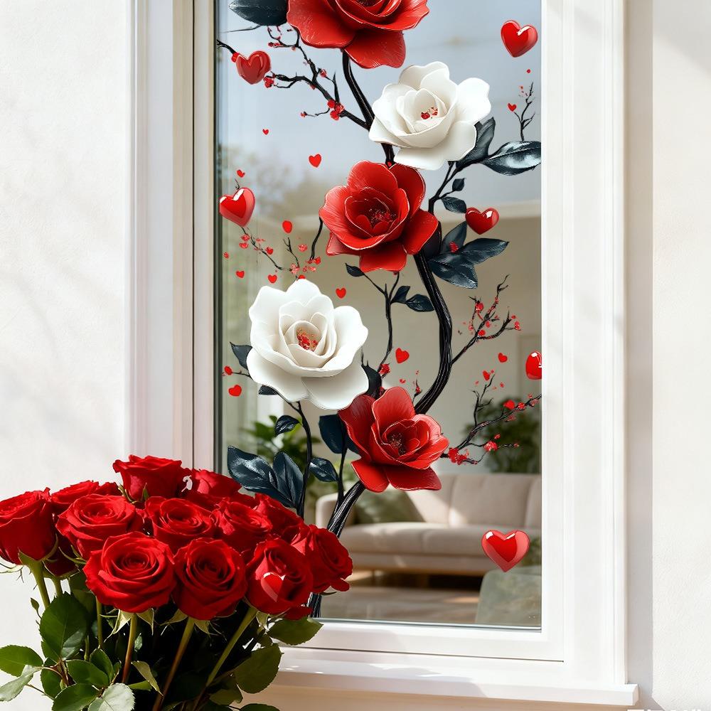 Festivaldeko Valentinstag Rote Rose Schmetterling Aufkleber Transparent Glasaufkleber Für Wohnzimmer Festliche Atmosphäre