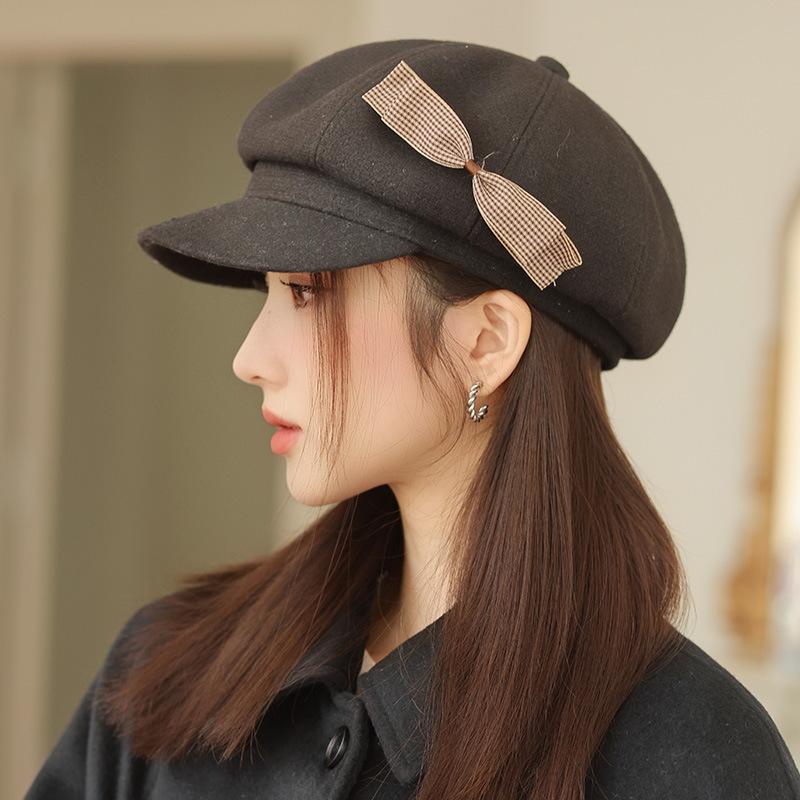 Women's Hat with Versatile Bow Octagonal Hat Big Head Circumference Showing Face Small Duckling Hat Retro Newspaper Boy Hat