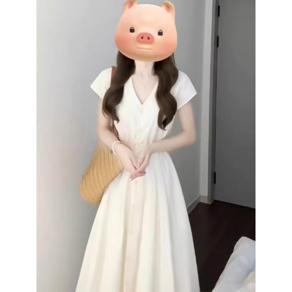 V-neck white dress children's summer elegant new seaside vacation small temperament waist dress