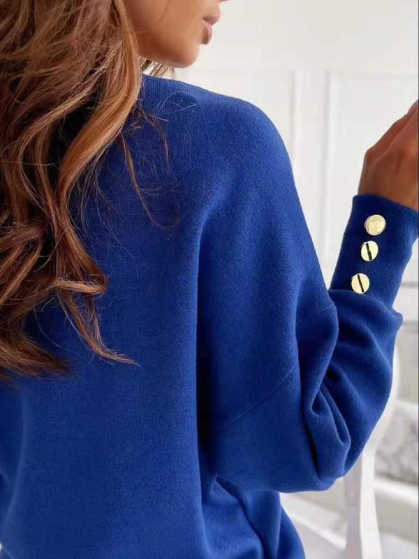 2023 Women's Solid Color V-Neck Knitwear with Cuff Button Top