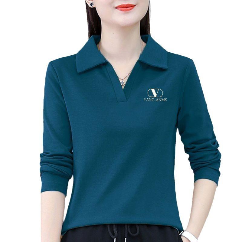 

Однотонная футболка с лацканами для женщин с весенне-осенней женской одеждой Новая футболка с длинным рукавом для ношения под низ Топ L